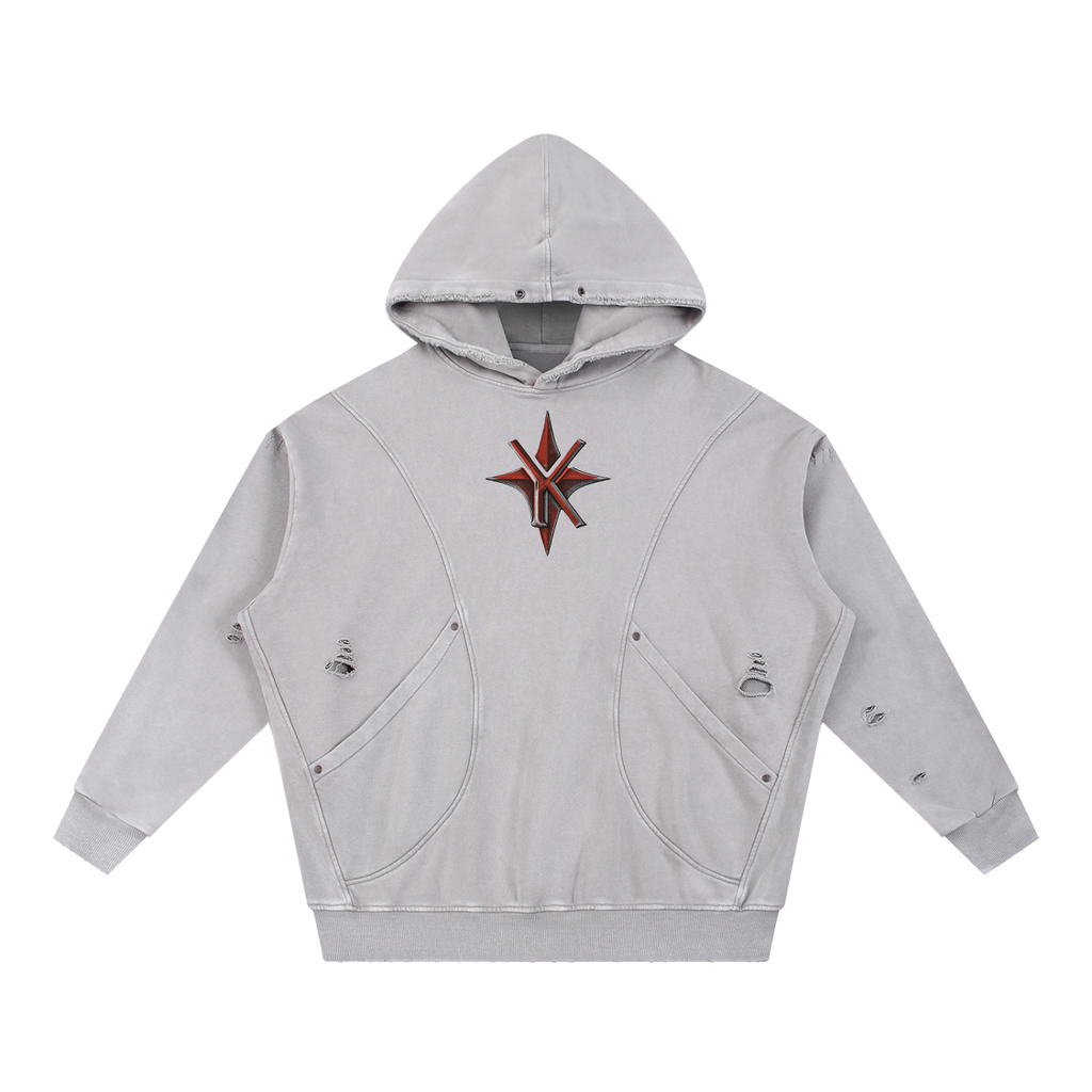 Snow Washed Distressed Panel Pocket Hoodie