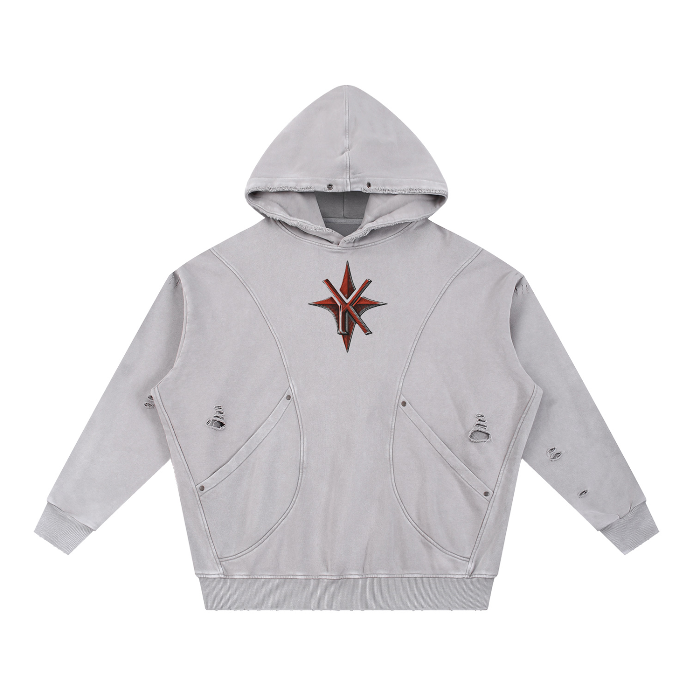 Snow Washed Distressed Panel Pocket Hoodie