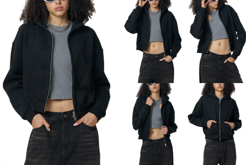 Fleeced Zip-Up Cropped Hoodie