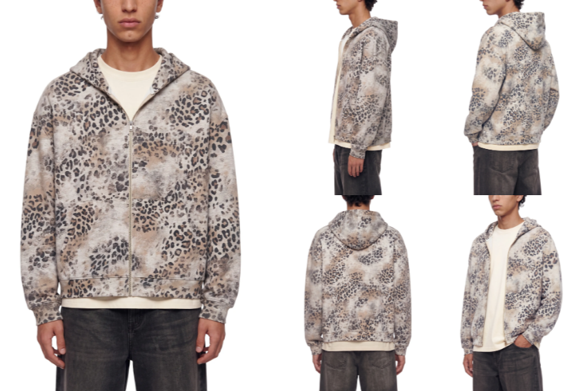 Unisex Vintage Wash Leopard Full Zip Hoodie