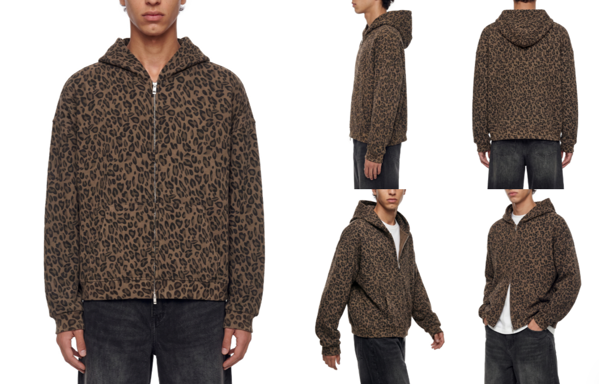 Unisex Leopard Print Waffle Full Zip Hoodie