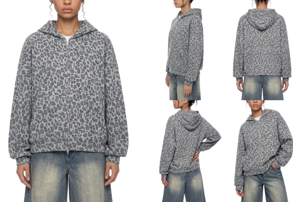 Unisex Leopard Print Waffle Full Zip Hoodie