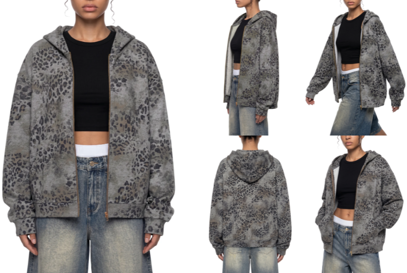 Unisex Vintage Wash Leopard Full Zip Hoodie