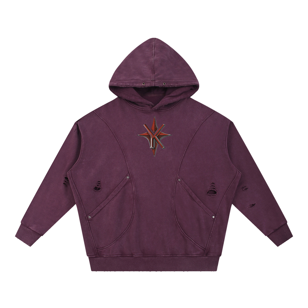Snow Washed Distressed Panel Pocket Hoodie
